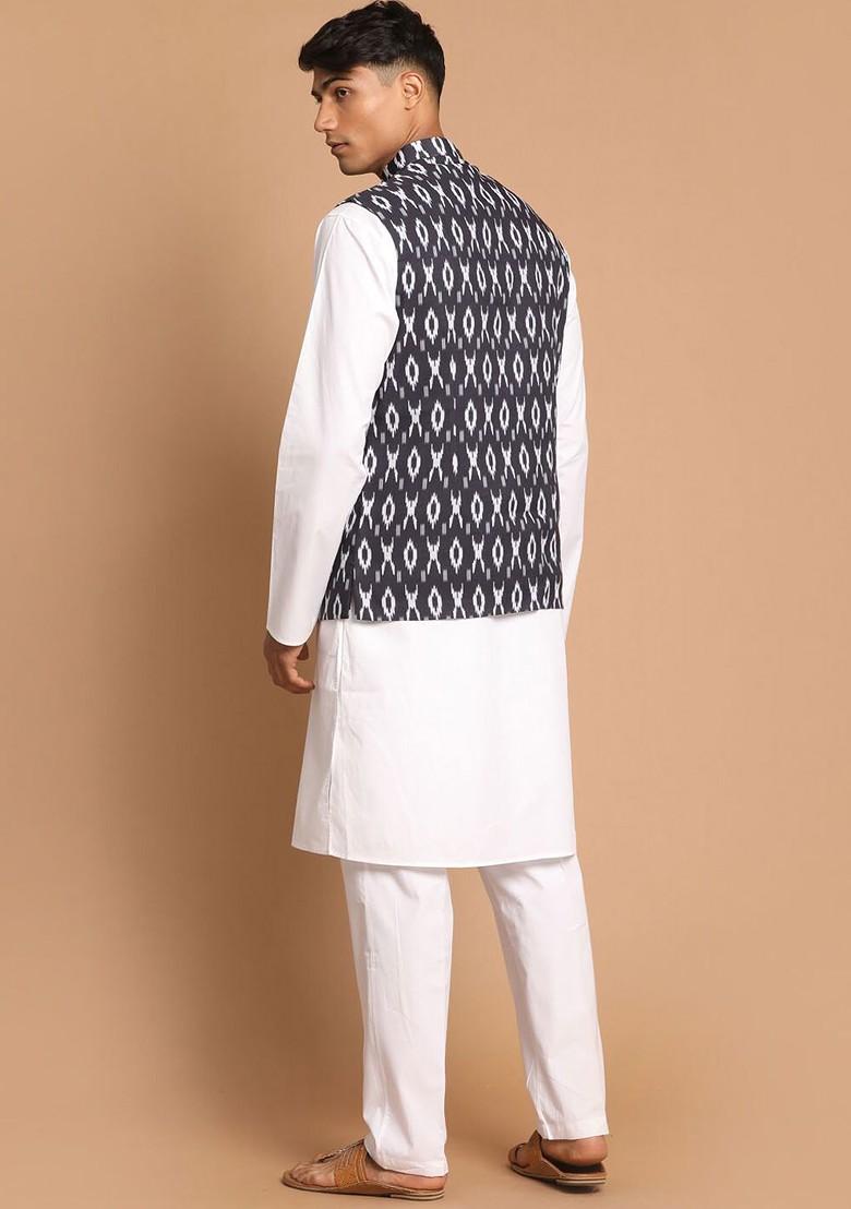 White Solid Cotton Kurta Set For Men