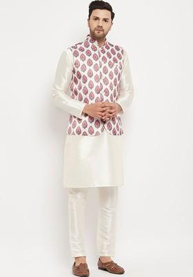 Off White Solid Poly Blend Kurta Set For Men