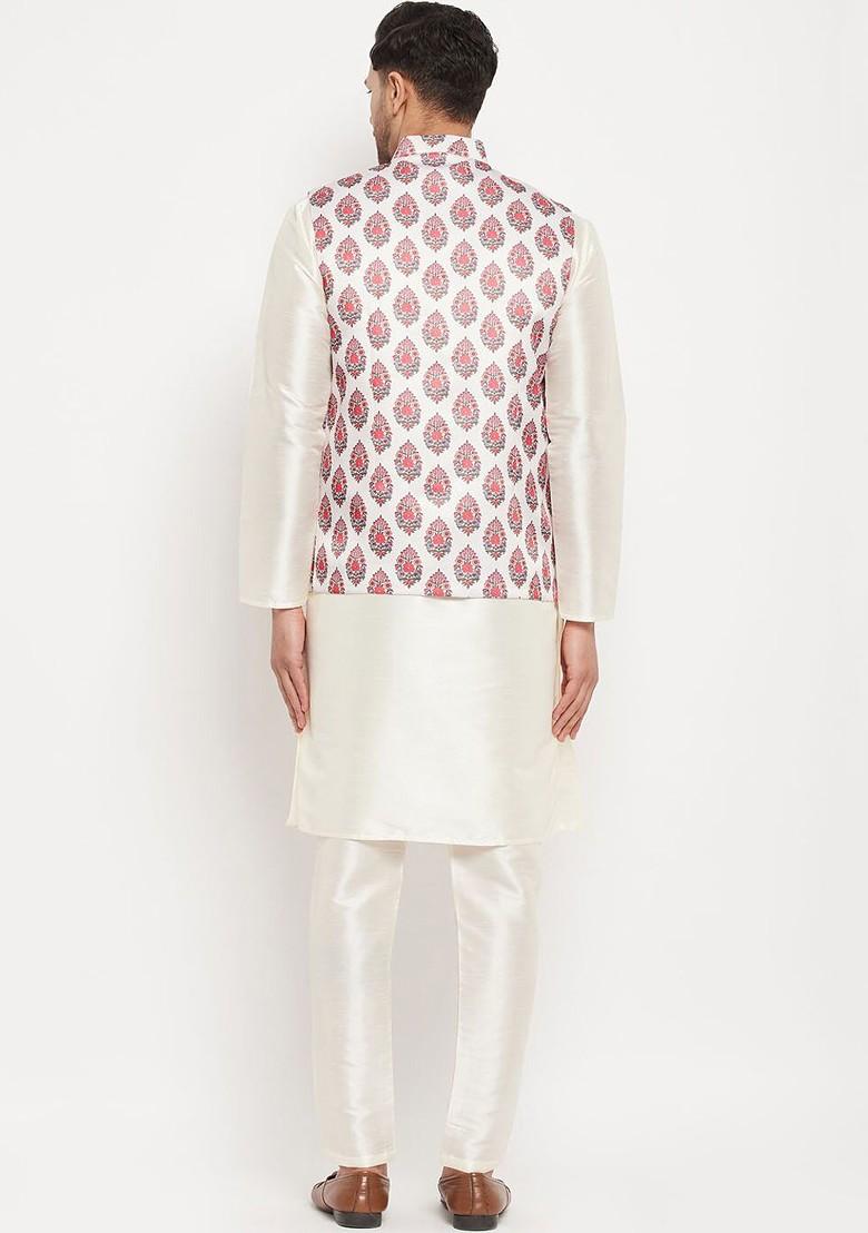 Off White Solid Poly Blend Kurta Set For Men