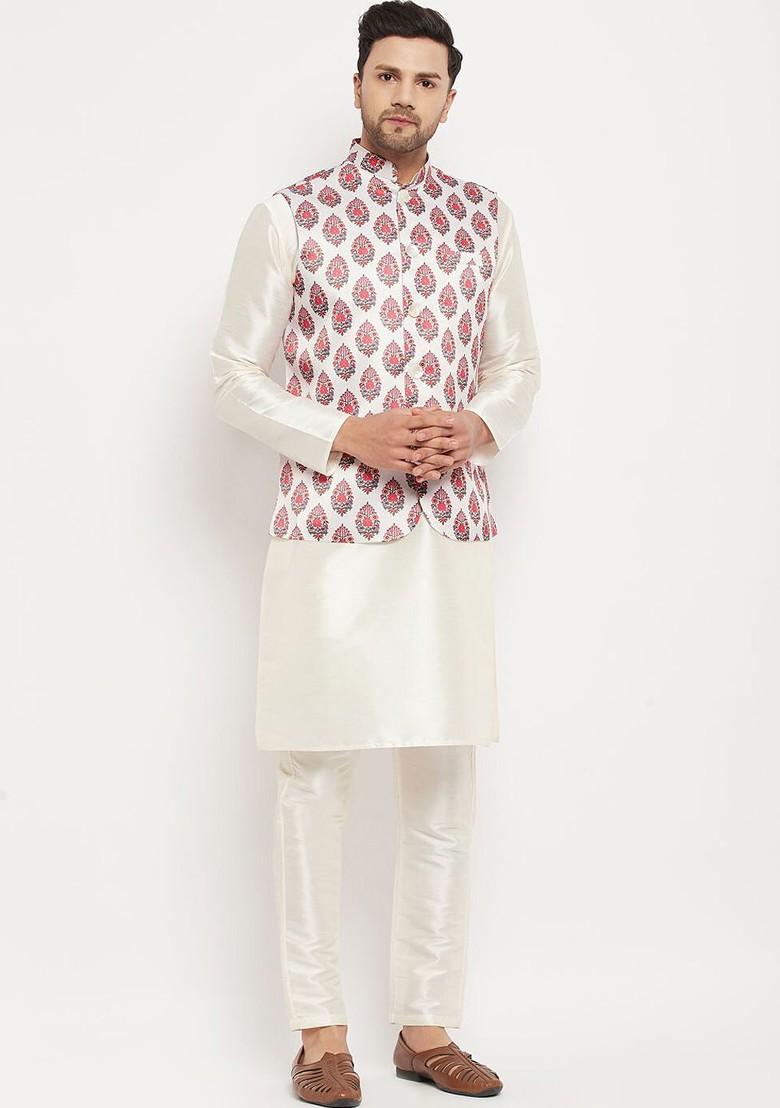Off White Solid Poly Blend Kurta Set For Men