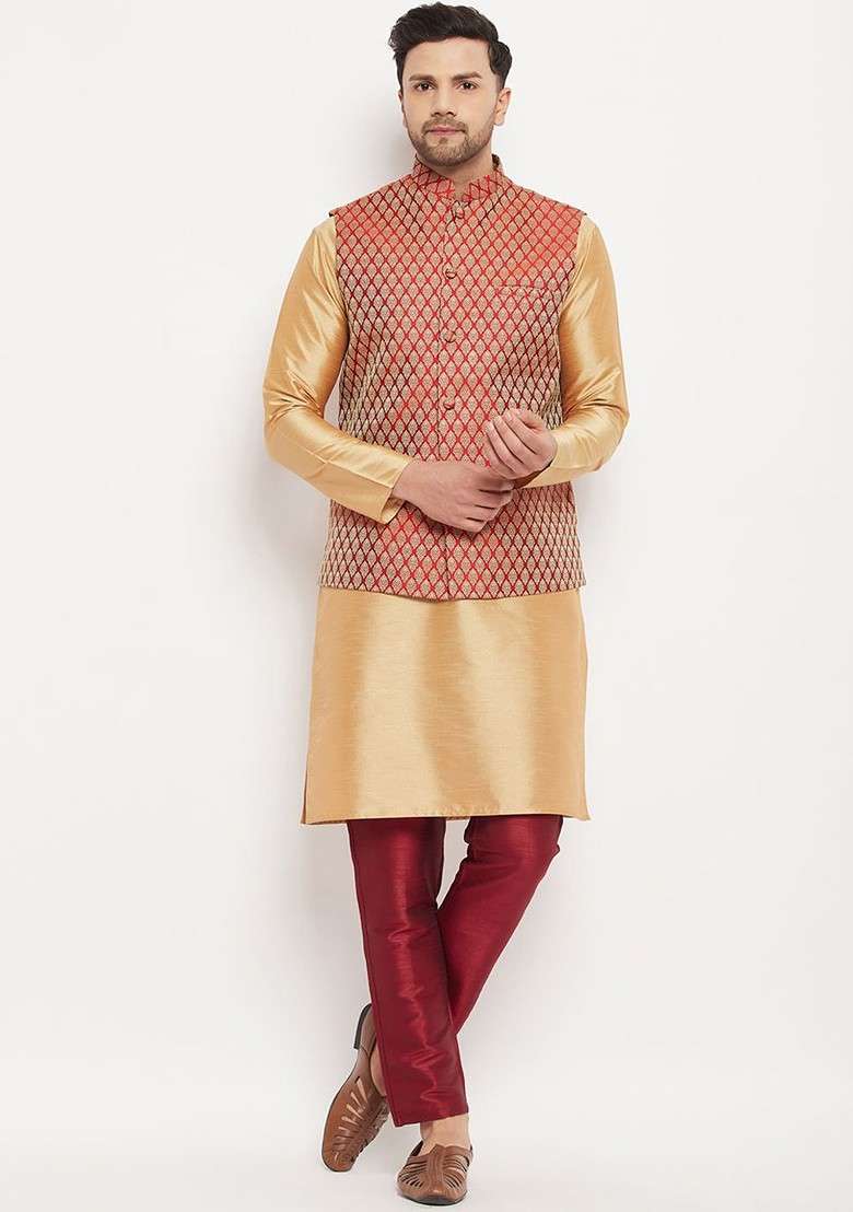 Rose Gold Woven Poly Blend Kurta Set For Men - Indya