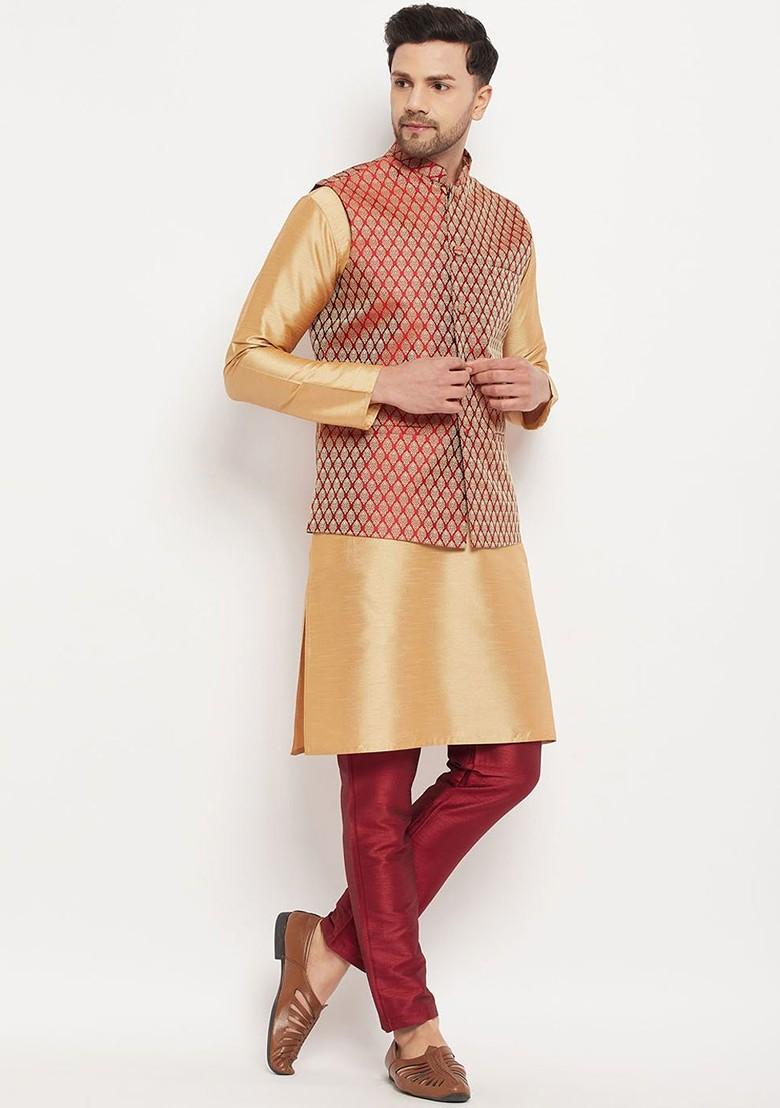 Rose Gold Woven Poly Blend Kurta Set For Men