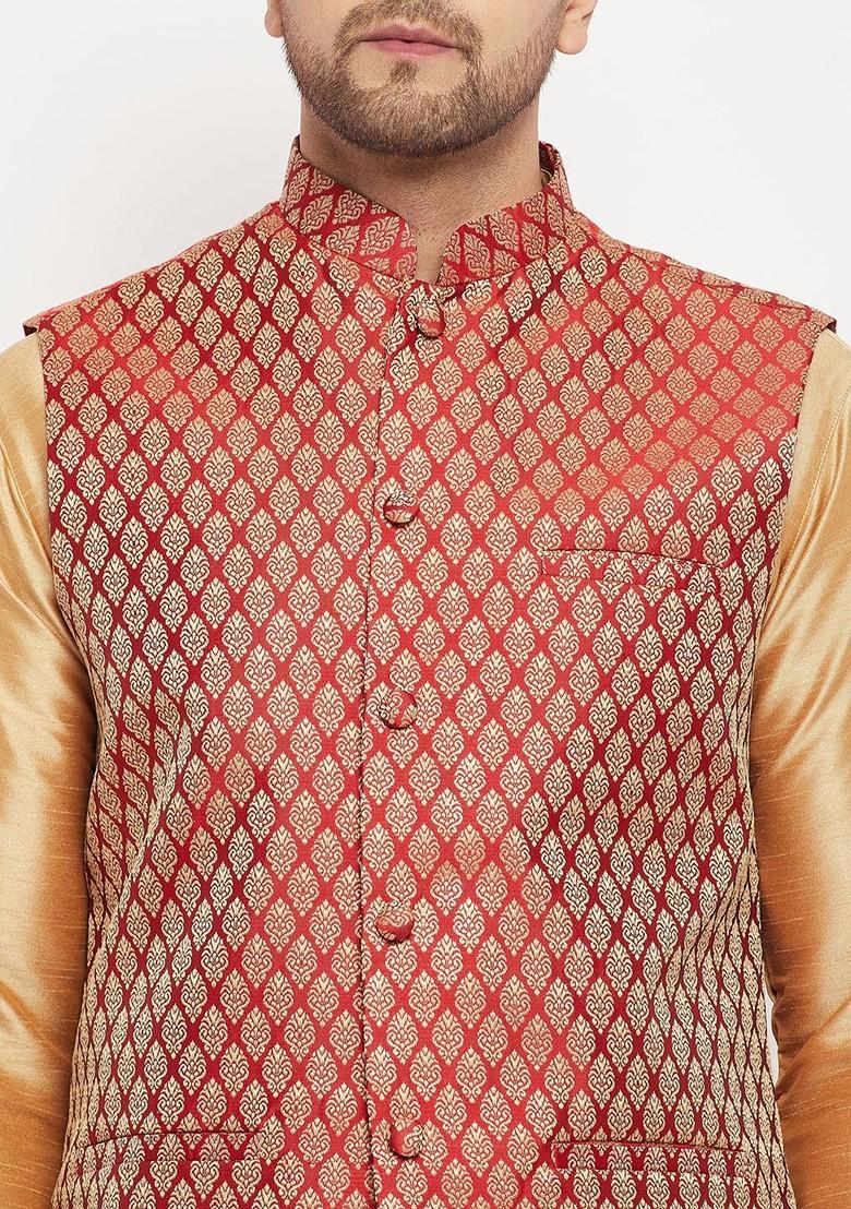 Rose Gold Woven Poly Blend Kurta Set For Men