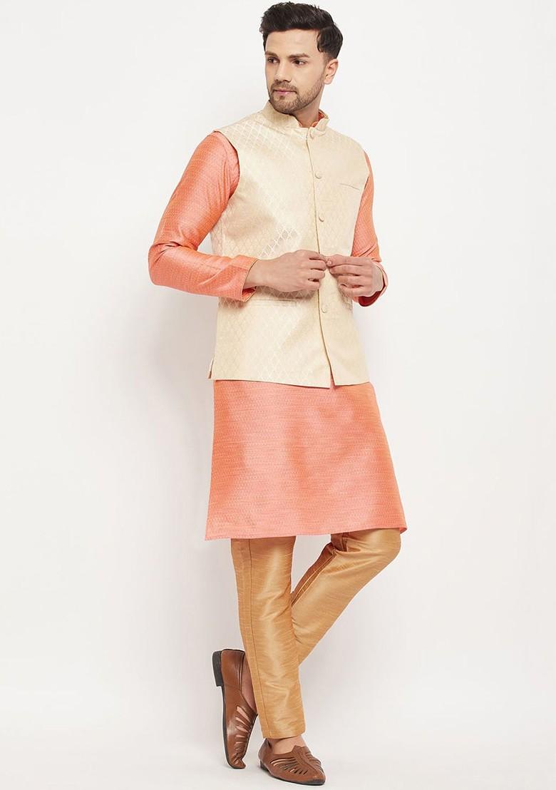Pink Solid Poly Blend Kurta Set For Men