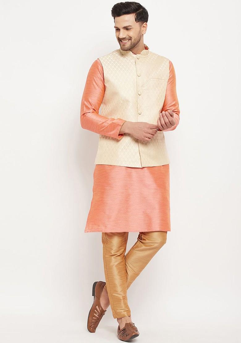Pink Solid Poly Blend Kurta Set For Men