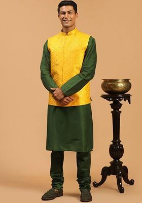 Green Embroidered Poly Blend Kurta Set For Men