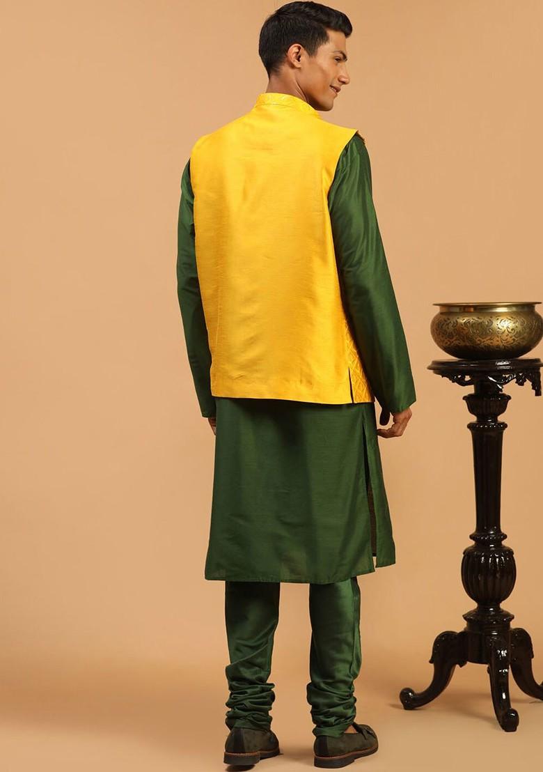 Green Embroidered Poly Blend Kurta Set For Men