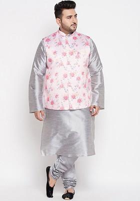 Grey Floral Print Poly Blend Kurta Set For Men