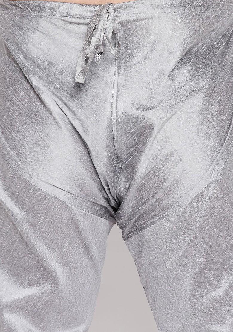 Grey Floral Print Poly Blend Kurta Set For Men