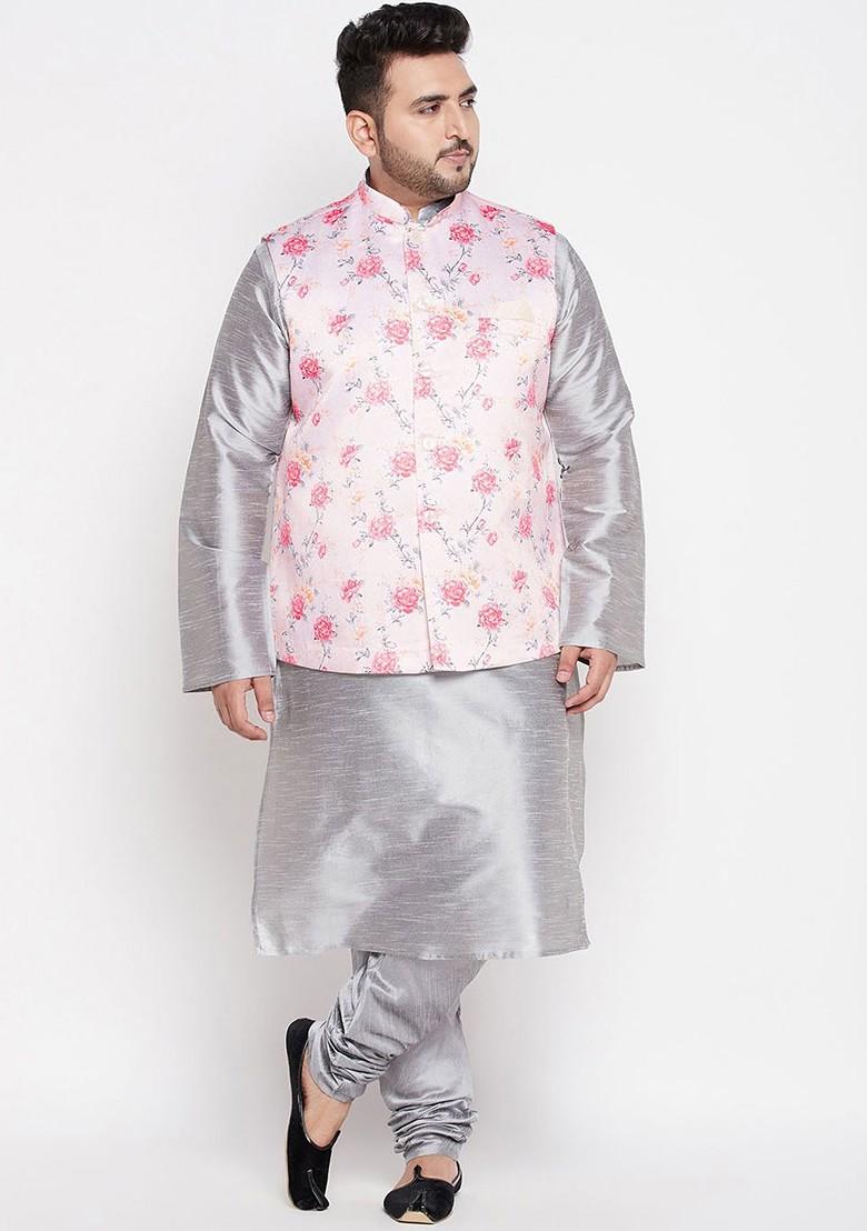 Grey Floral Print Poly Blend Kurta Set For Men