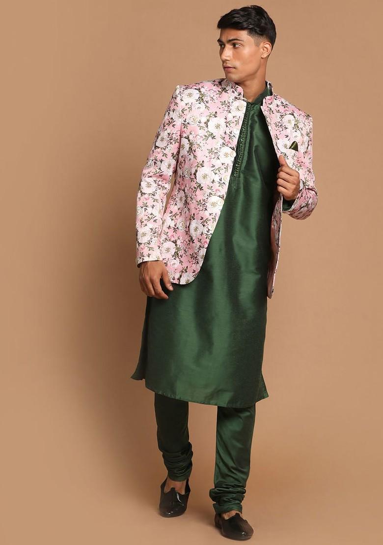Green Solid Poly Blend Kurta Set For Men