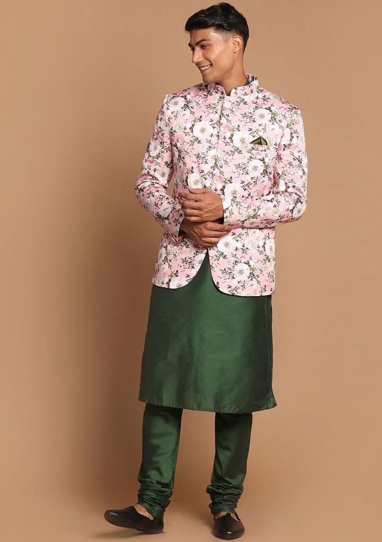 Green Solid Poly Blend Kurta Set For Men