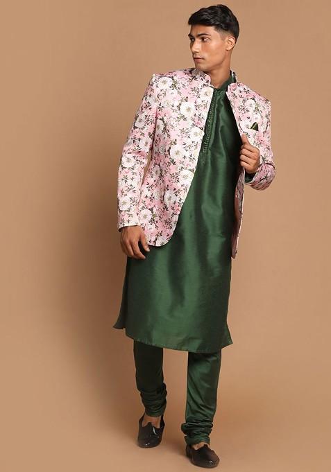 Green Solid Poly Blend Kurta Set For Men