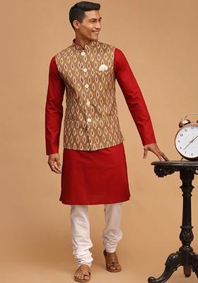 Maroon Ikat Print Poly Blend Kurta Set For Men