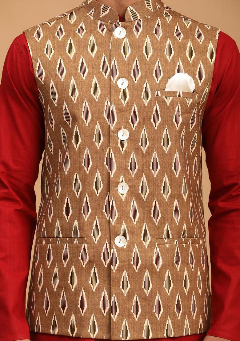Maroon Ikat Print Poly Blend Kurta Set For Men