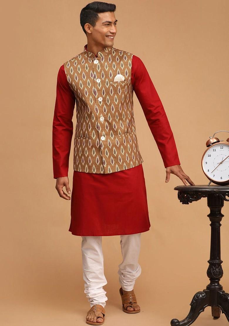 Maroon Ikat Print Poly Blend Kurta Set For Men