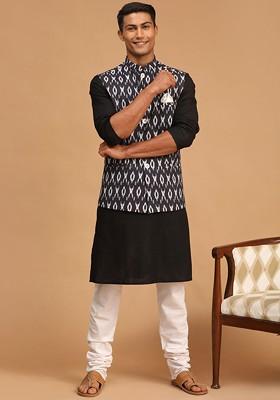 Black Ikat Print Poly Blend Kurta Set For Men