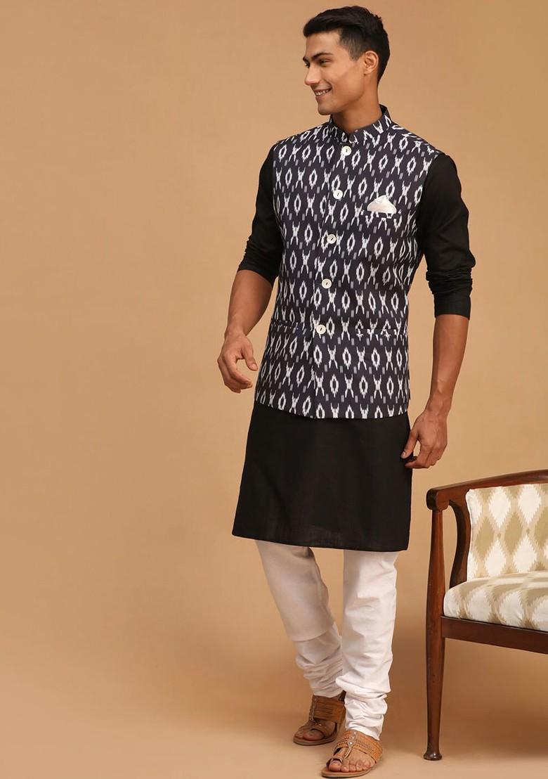Black Ikat Print Poly Blend Kurta Set For Men