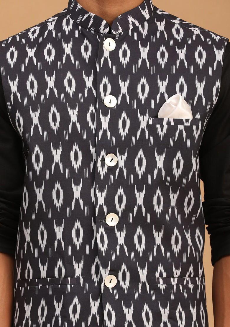 Black Ikat Print Poly Blend Kurta Set For Men