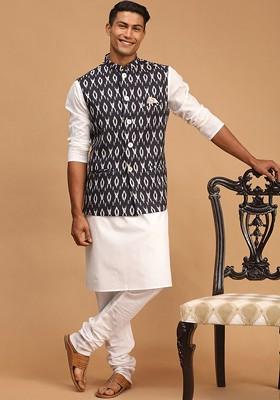 White Printed Poly Blend Kurta Set For Men