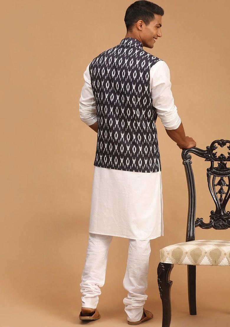White Printed Poly Blend Kurta Set For Men