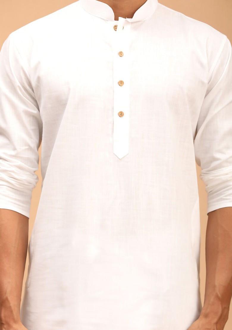 White Printed Poly Blend Kurta Set For Men