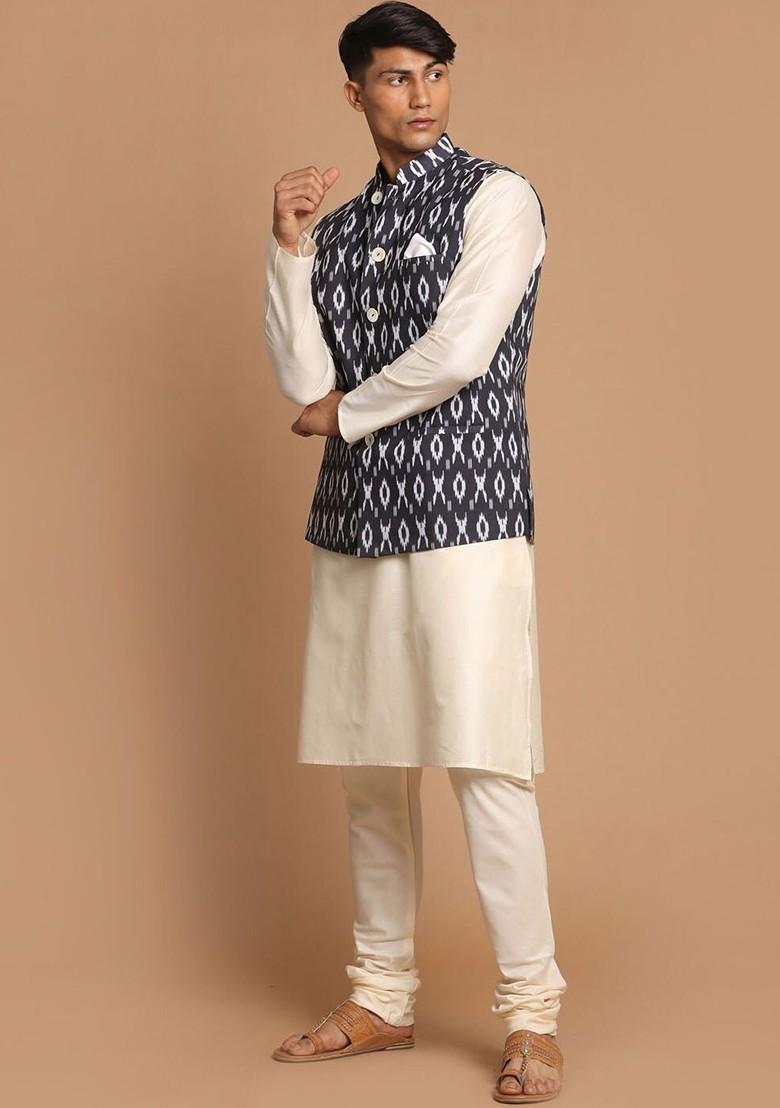 Cream Solid Poly Blend Kurta Set For Men