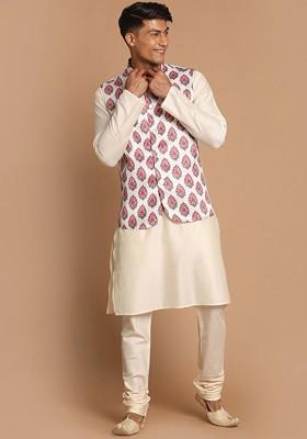 Cream Printed Poly Blend Kurta Set For Men