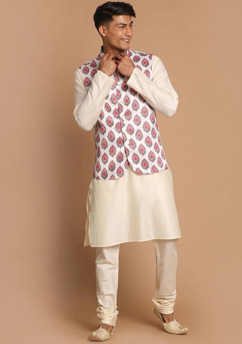 Cream Printed Poly Blend Kurta Set For Men