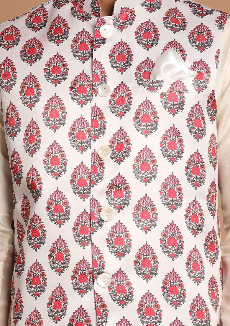 Cream Printed Poly Blend Kurta Set For Men