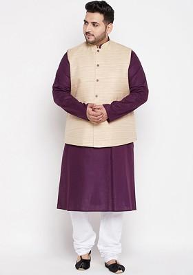 Purple Solid Poly Blend Kurta Set For Men