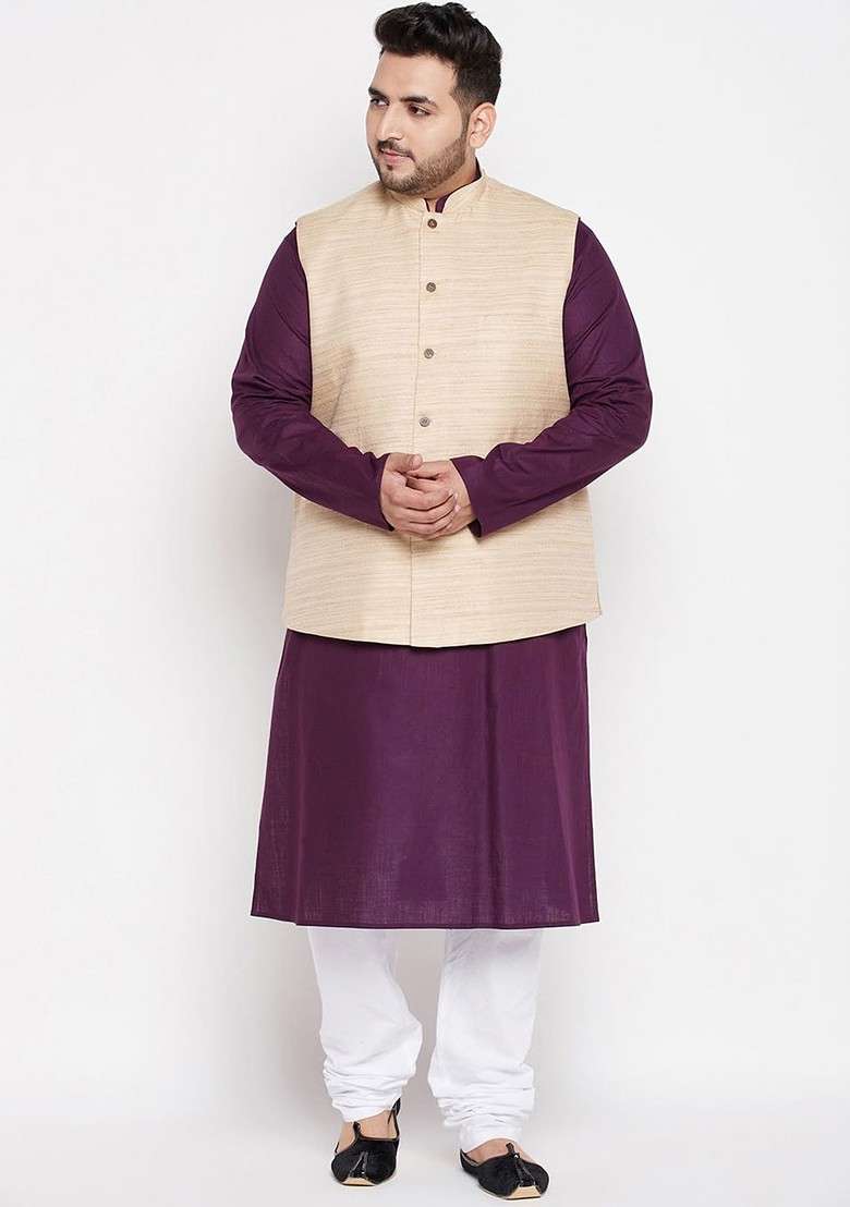 Purple Solid Poly Blend Kurta Set For Men - Indya