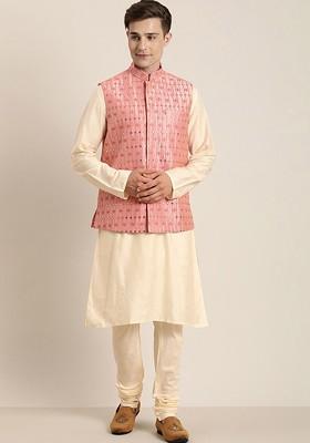 Cream Mirror Work Poly Blend Kurta Set For Men
