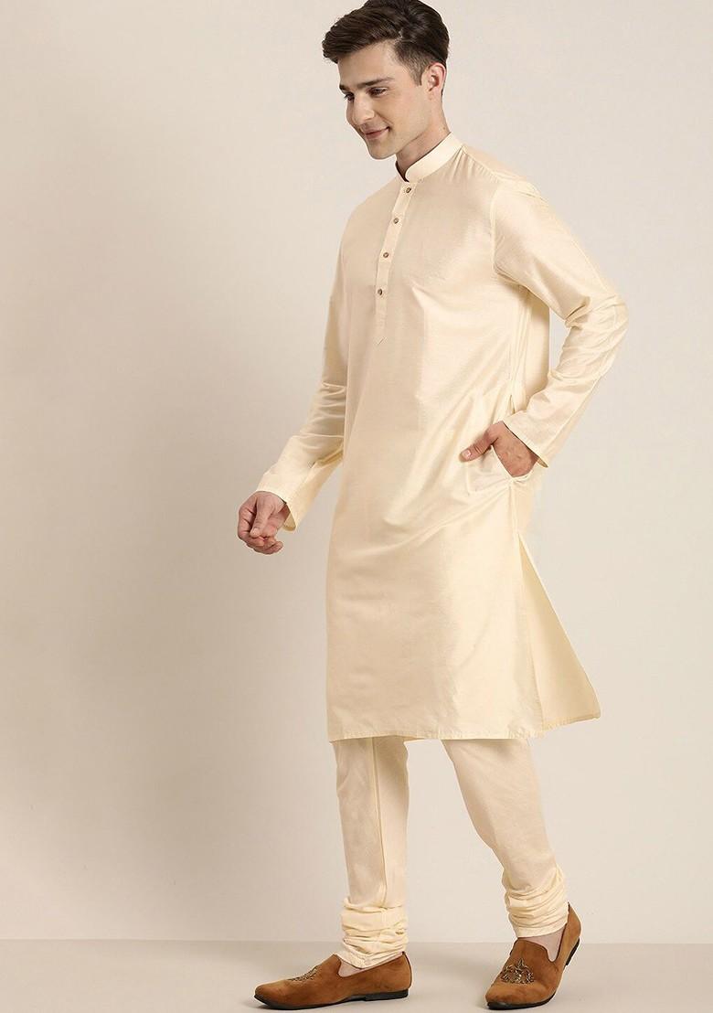 Cream Mirror Work Poly Blend Kurta Set For Men