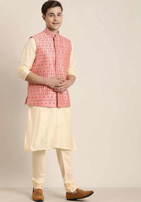 Cream Mirror Work Poly Blend Kurta Set For Men
