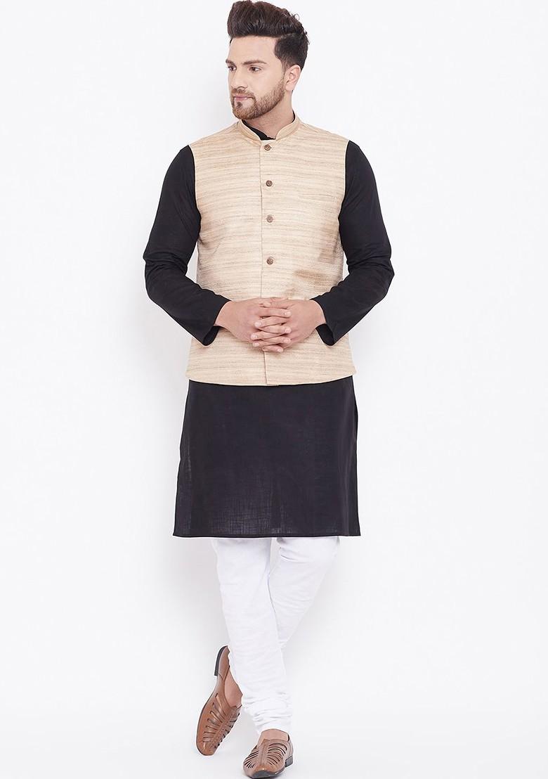 Black Solid Poly Blend Kurta Set For Men