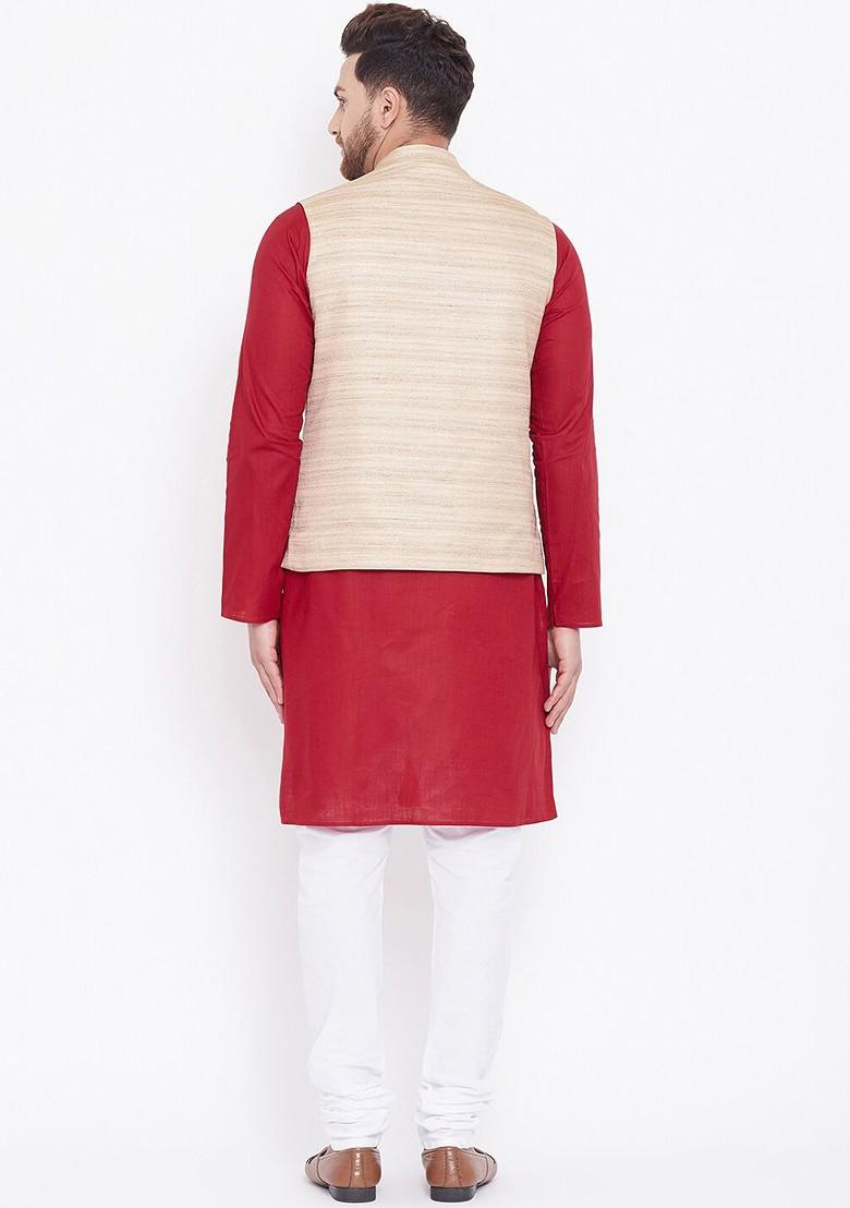 Maroon Solid Poly Blend Kurta Set For Men