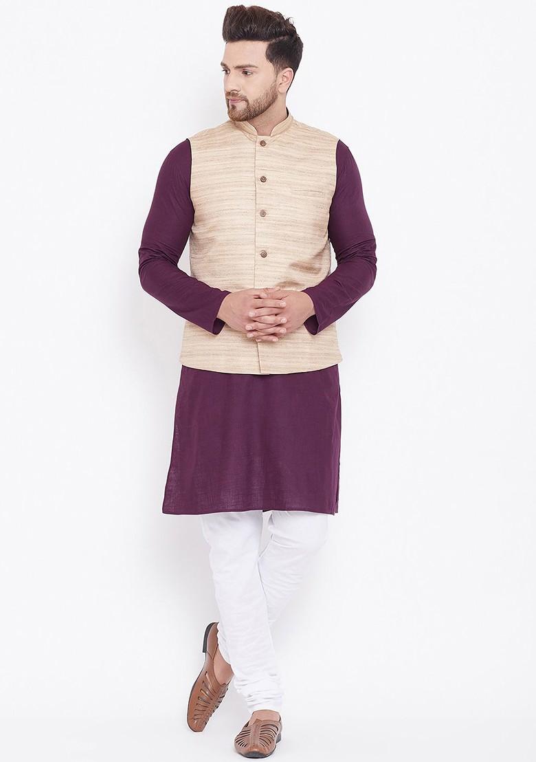 Purple Solid Poly Blend Kurta Set For Men