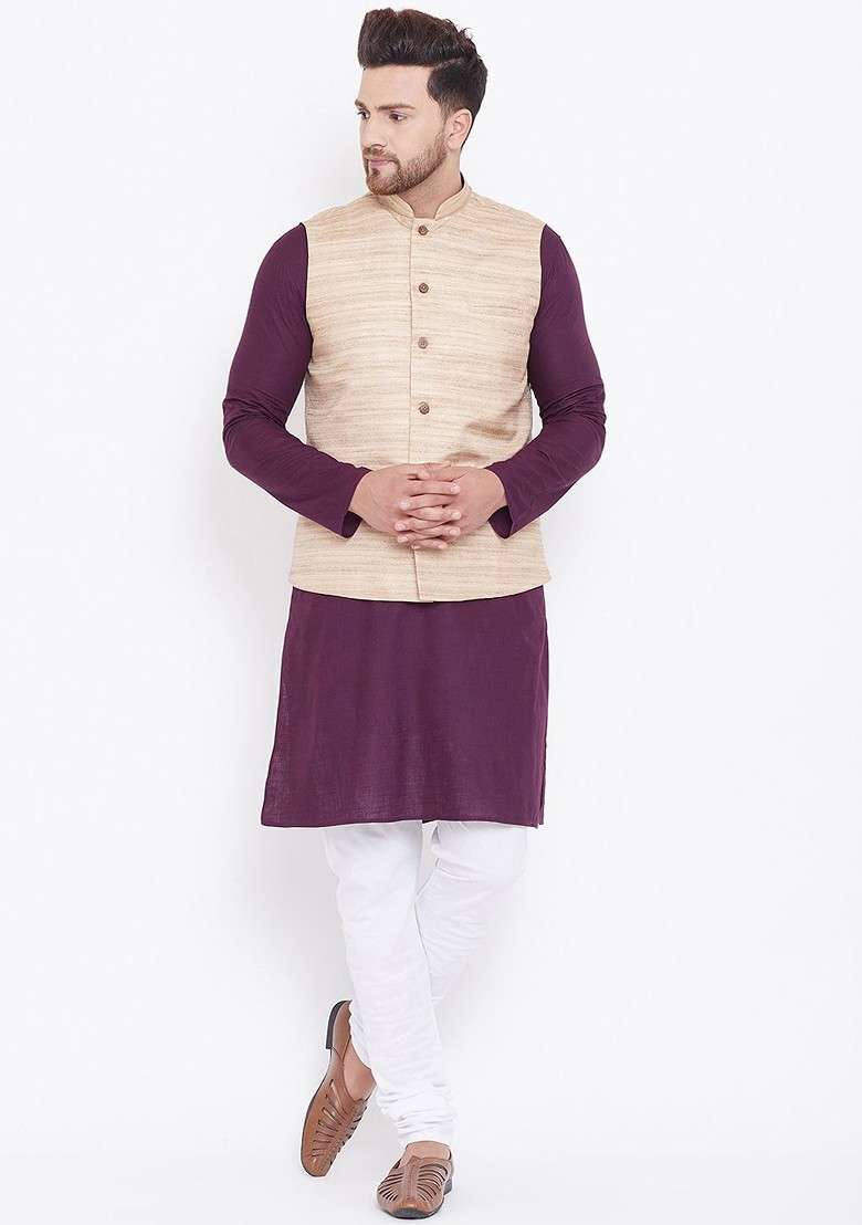 Purple Solid Poly Blend Kurta Set For Men - Indya