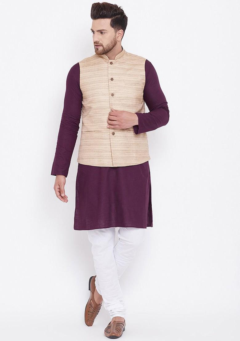 Purple Solid Poly Blend Kurta Set For Men