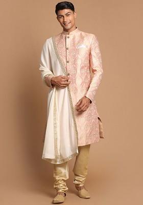 Pink Embellished Poly Blend Indowestern Sherwani Set For Men