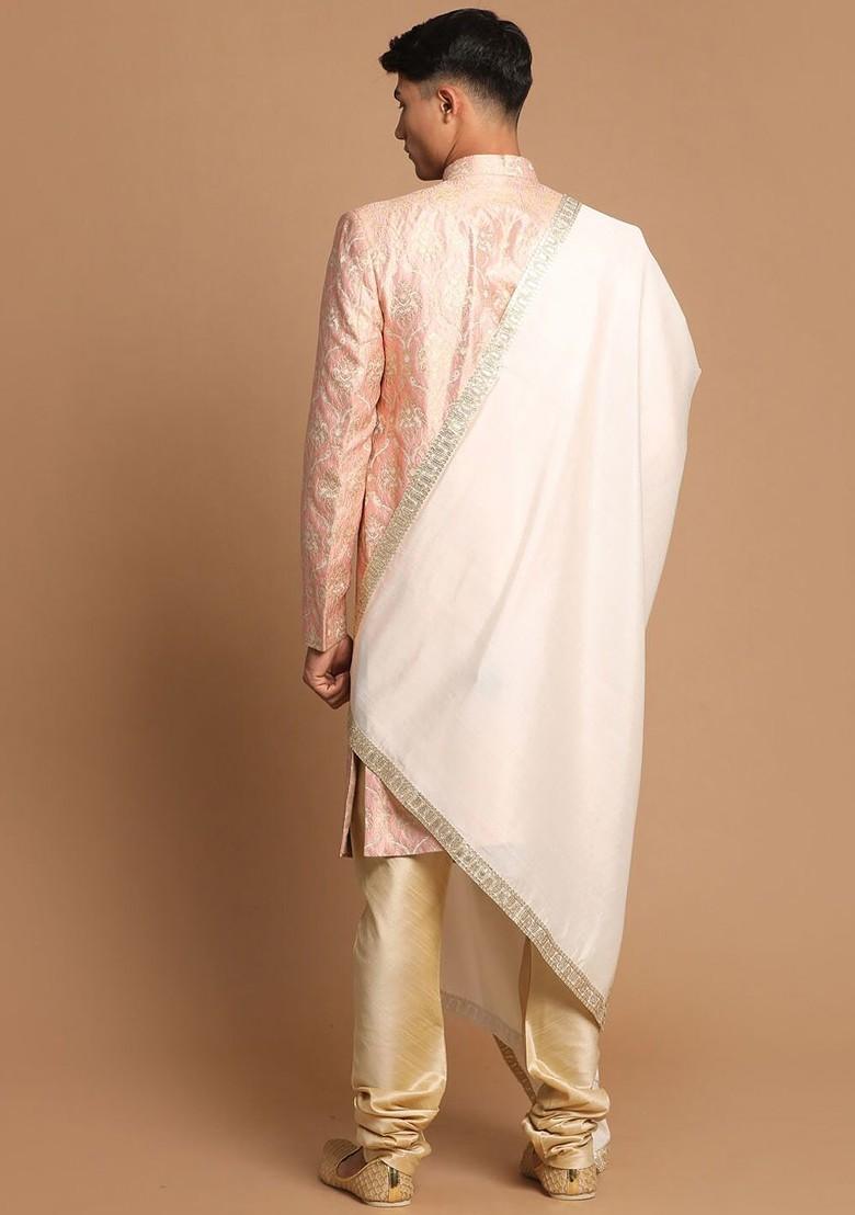 Pink Embellished Poly Blend Indowestern Sherwani Set For Men