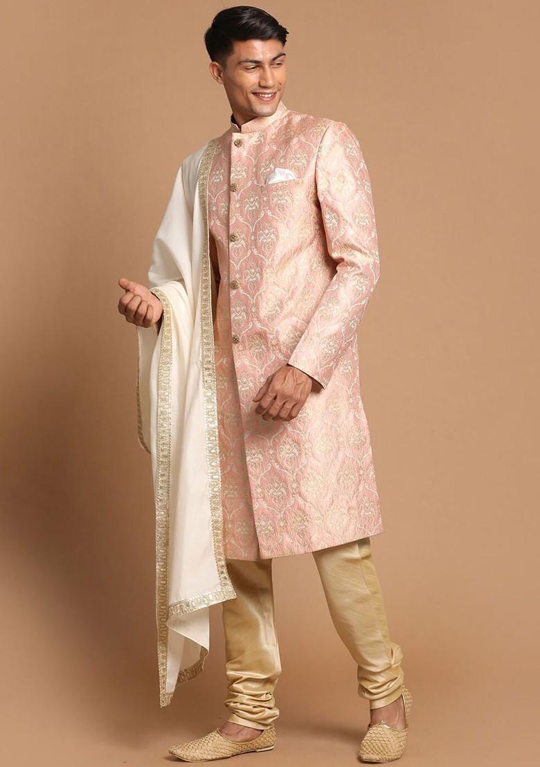 Pink Embellished Poly Blend Indowestern Sherwani Set For Men