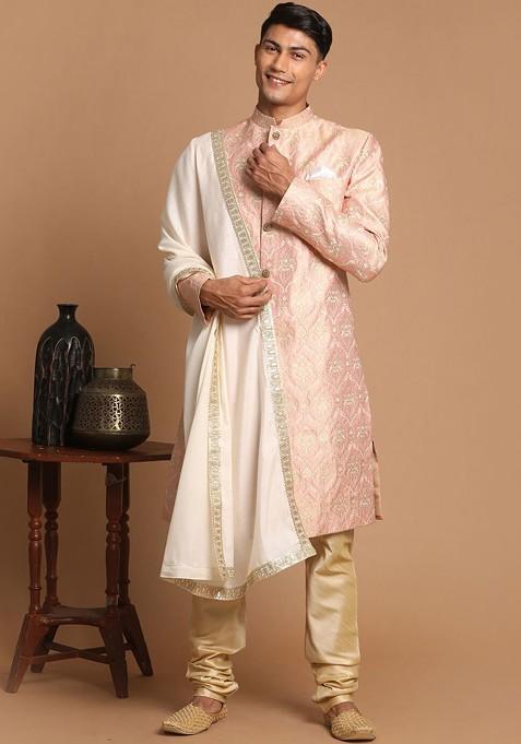 Pink Embellished Poly Blend Indowestern Sherwani Set For Men