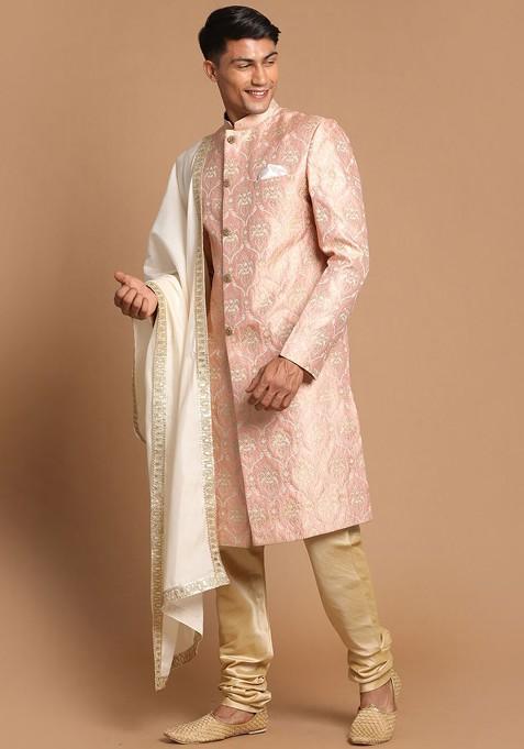 Pink Embellished Poly Blend Indowestern Sherwani Set For Men