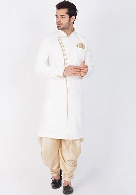 White Embroidered Poly Blend Indowestern Sherwani Set For Men