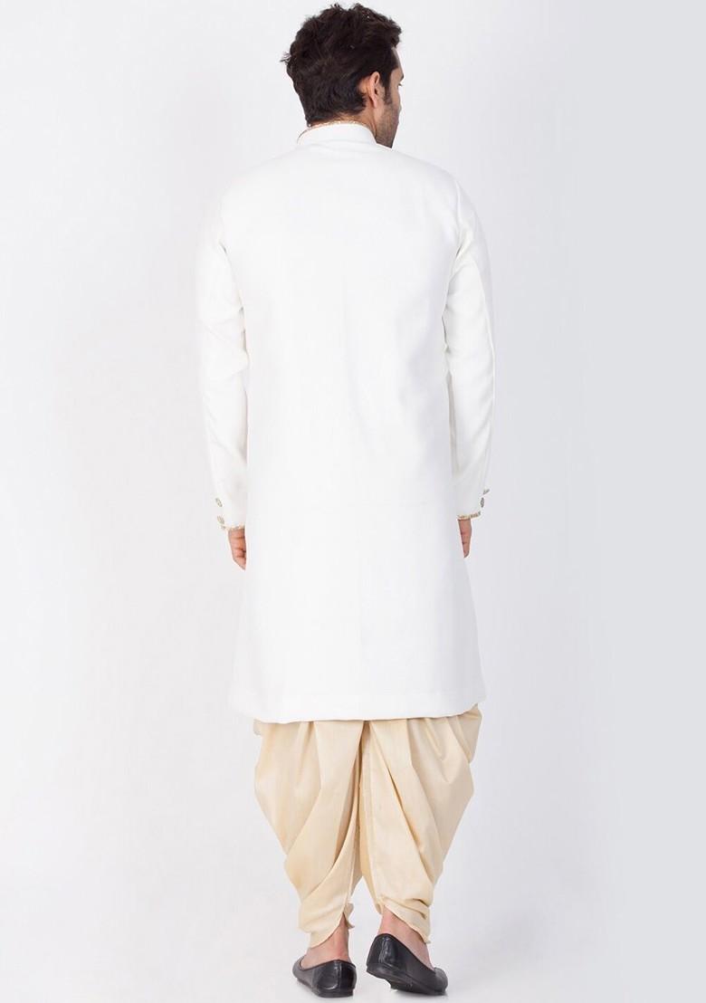 White Embroidered Poly Blend Indowestern Sherwani Set For Men