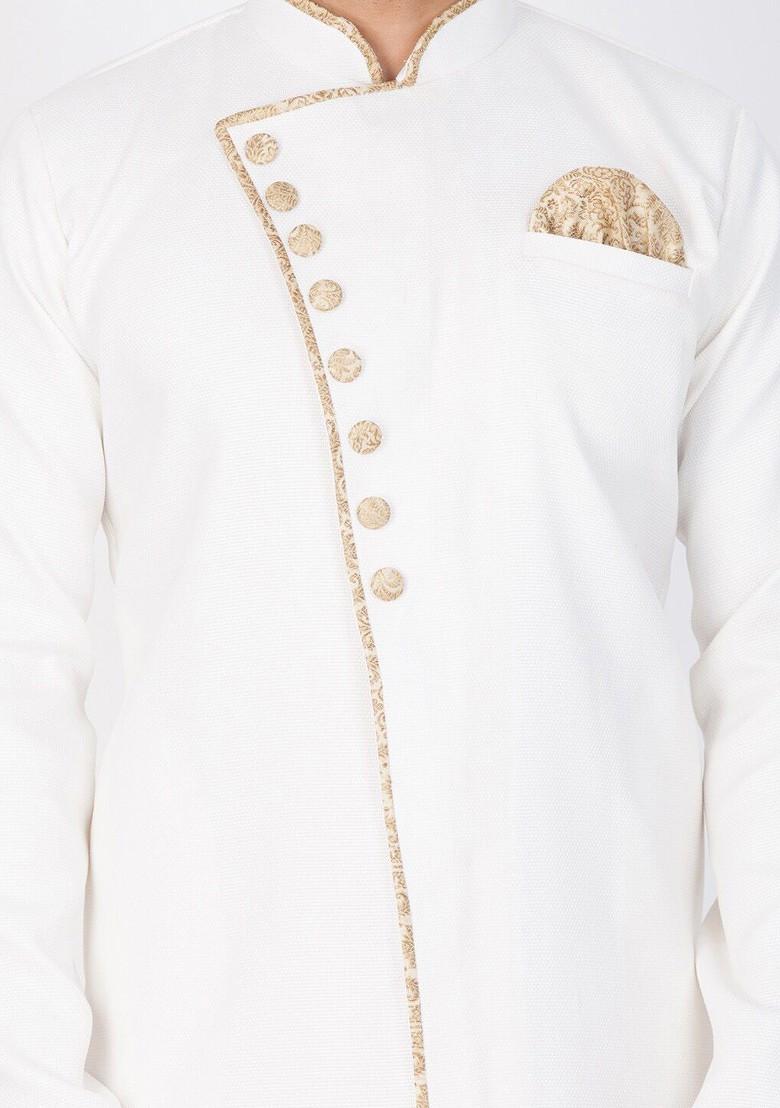 White Embroidered Poly Blend Indowestern Sherwani Set For Men