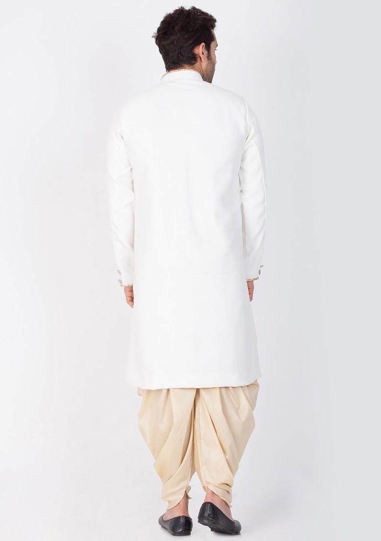White Solid Poly Blend Indowestern Sherwani Set For Men
