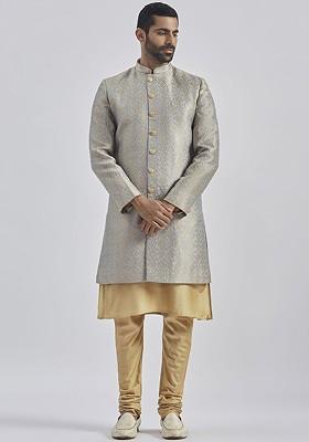 Grey Solid Poly Blend Indowestern Sherwani Set For Men
